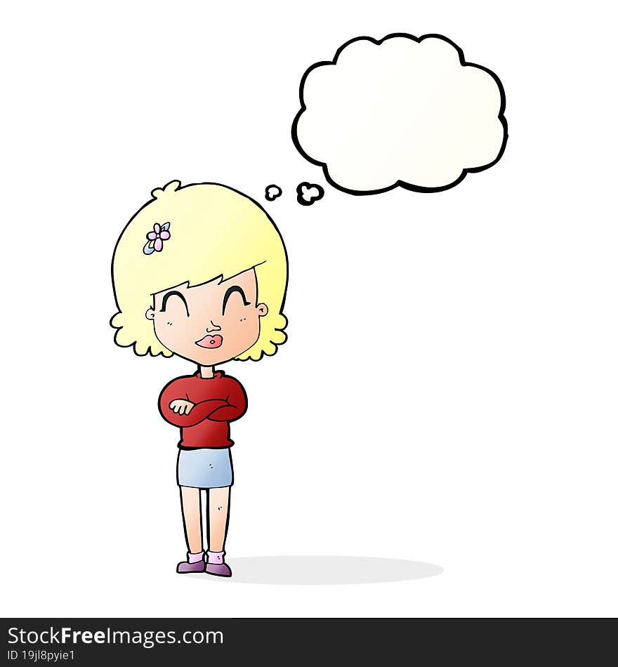 Cartoon Happy Woman With Folded Arms With Thought Bubble