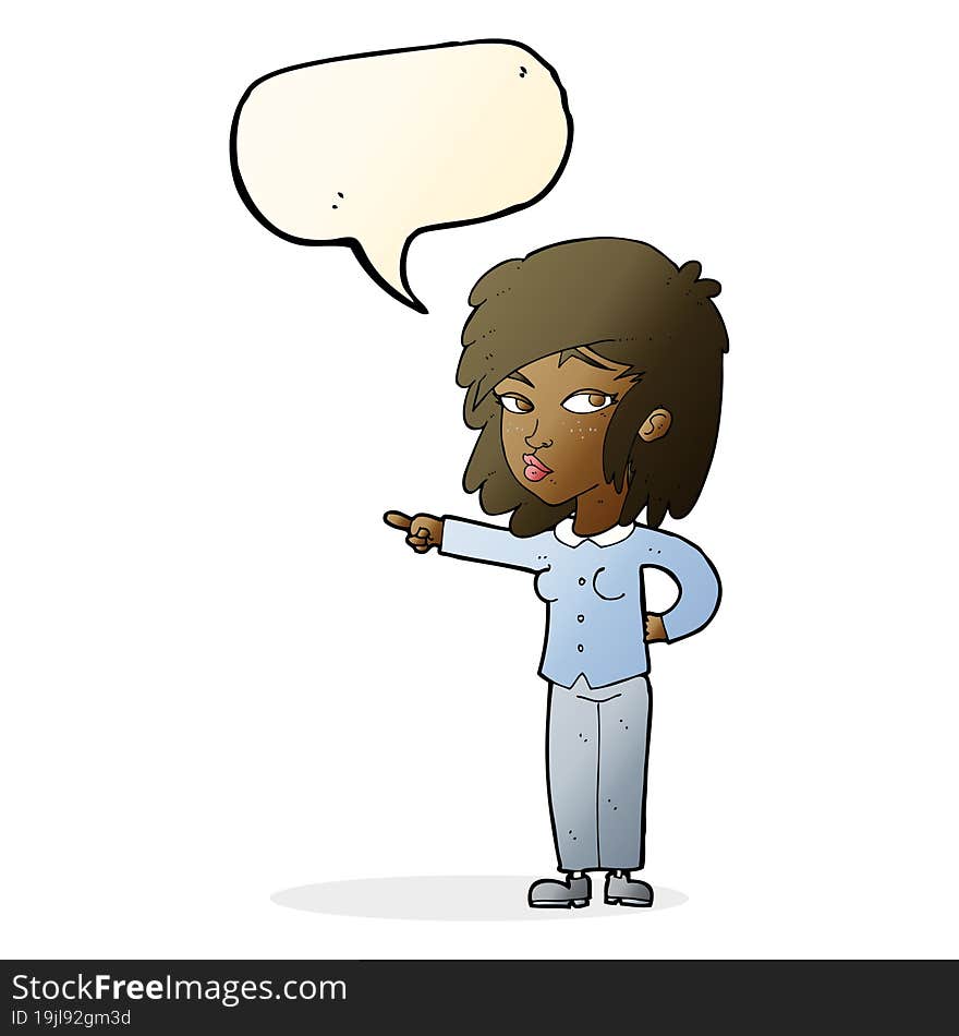 cartoon woman pointing with speech bubble