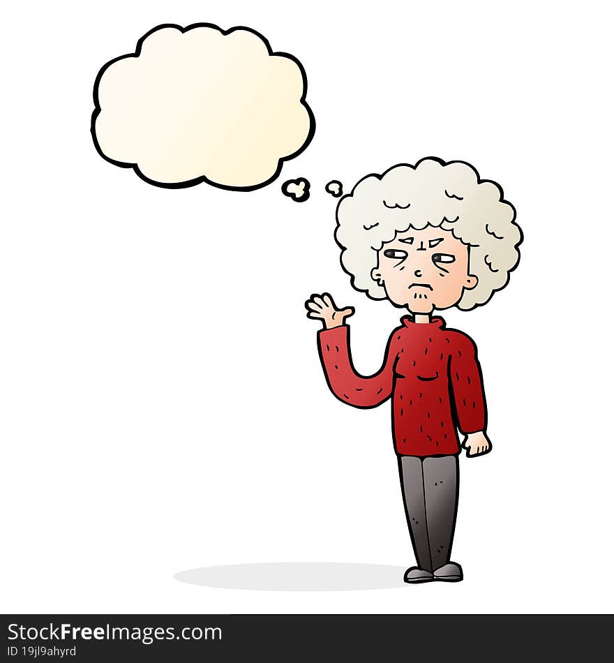 cartoon annoyed old woman waving with thought bubble