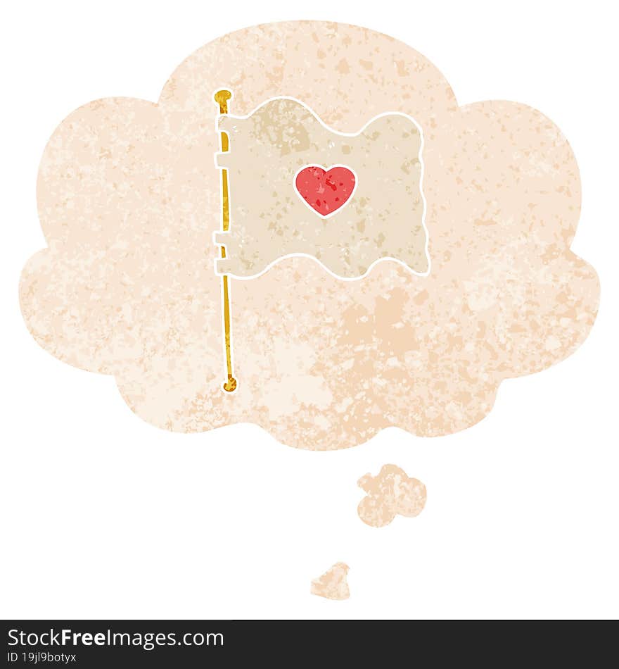 cartoon flag with love heart and thought bubble in retro textured style