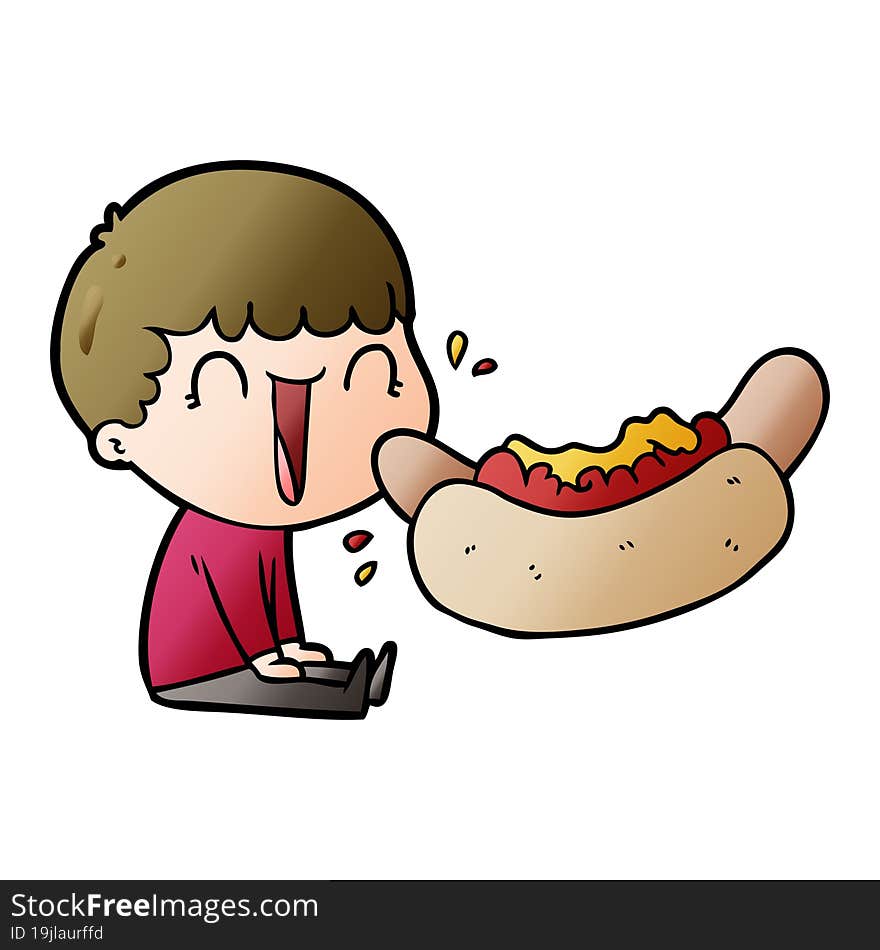 laughing cartoon man eating giant hotdog. laughing cartoon man eating giant hotdog