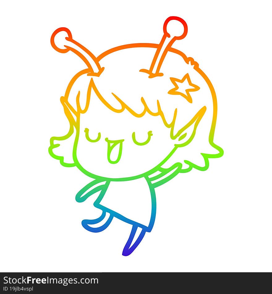 rainbow gradient line drawing of a happy alien girl cartoon laughing