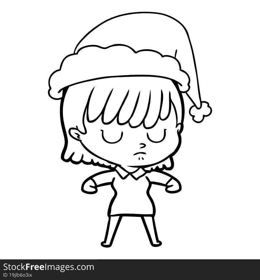 Line Drawing Of A Woman Wearing Santa Hat