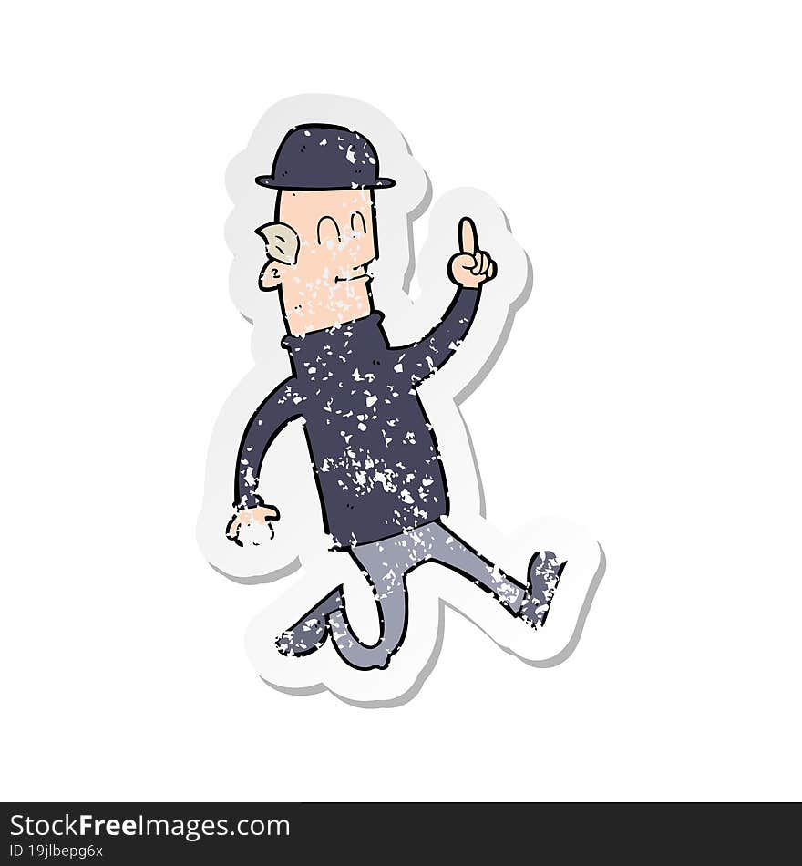 retro distressed sticker of a cartoon man wearing bowler hat