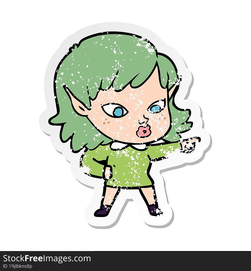 distressed sticker of a pretty cartoon elf girl