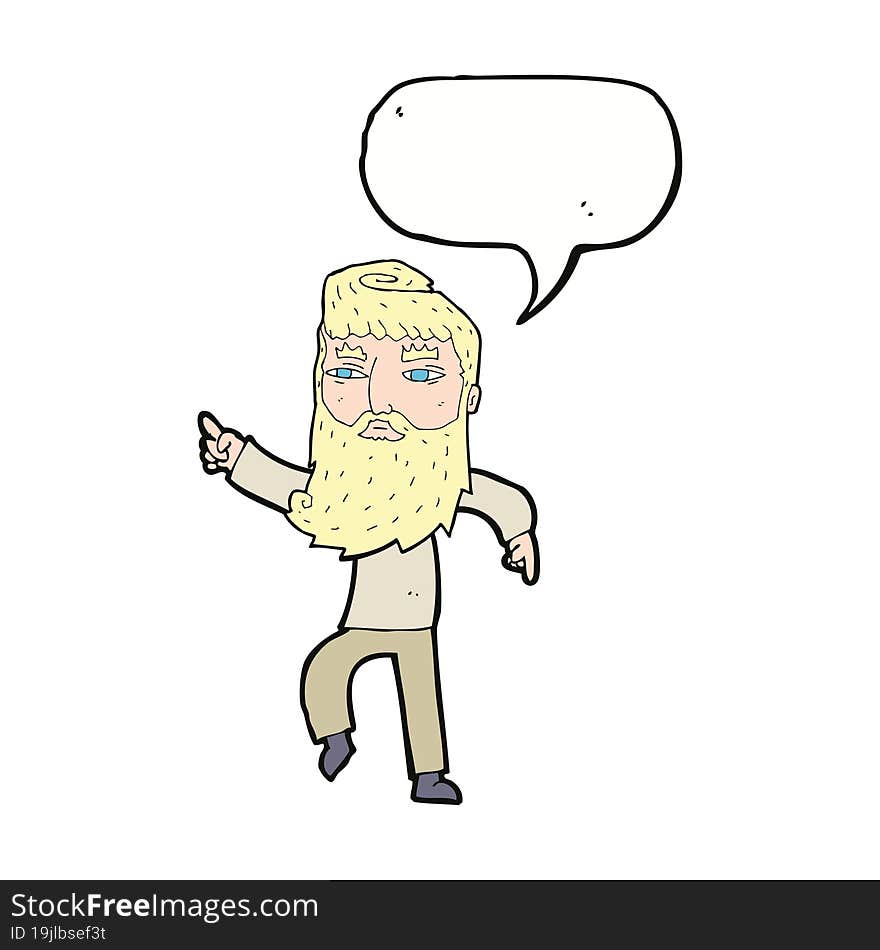 cartoon bearded man pointing the way with speech bubble