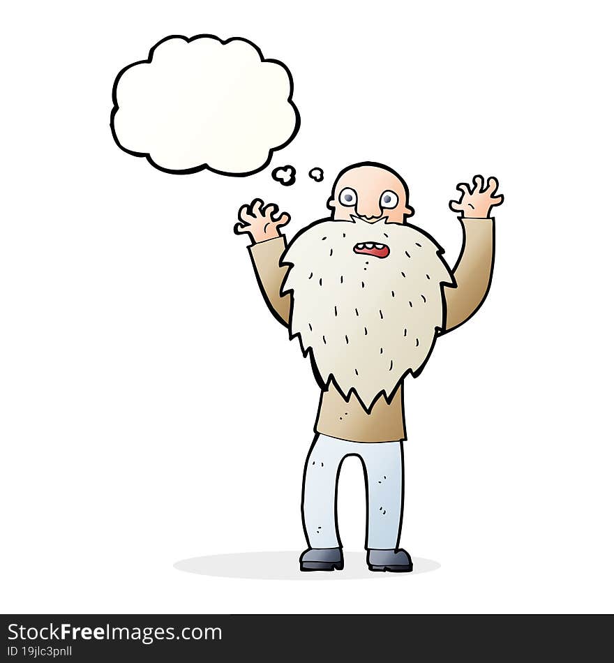 cartoon frightened old man with beard with thought bubble