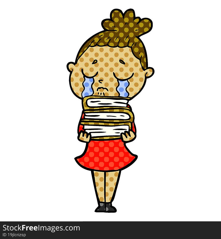 cartoon crying woman with stack of books. cartoon crying woman with stack of books