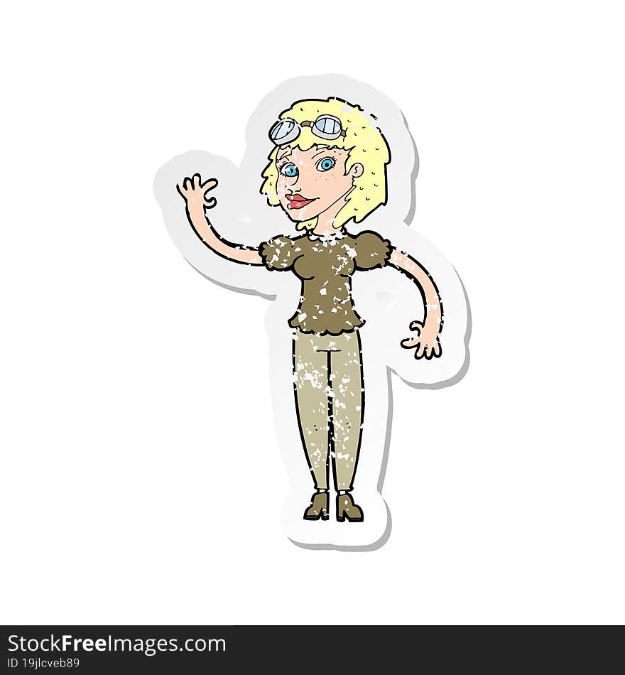 retro distressed sticker of a cartoon pilot woman waving