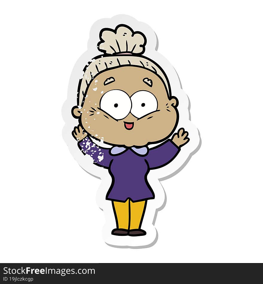 distressed sticker of a cartoon happy old woman