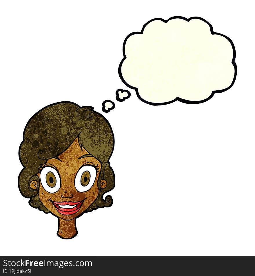 cartoon happy woman with thought bubble