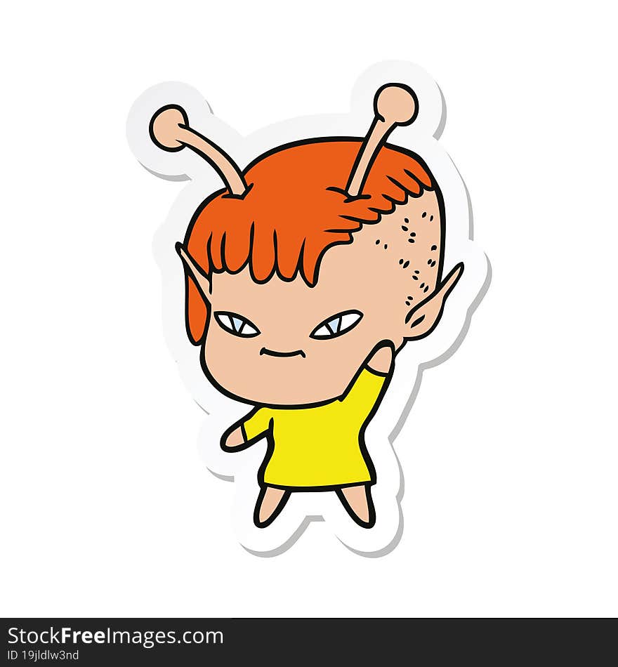 sticker of a cute cartoon alien girl