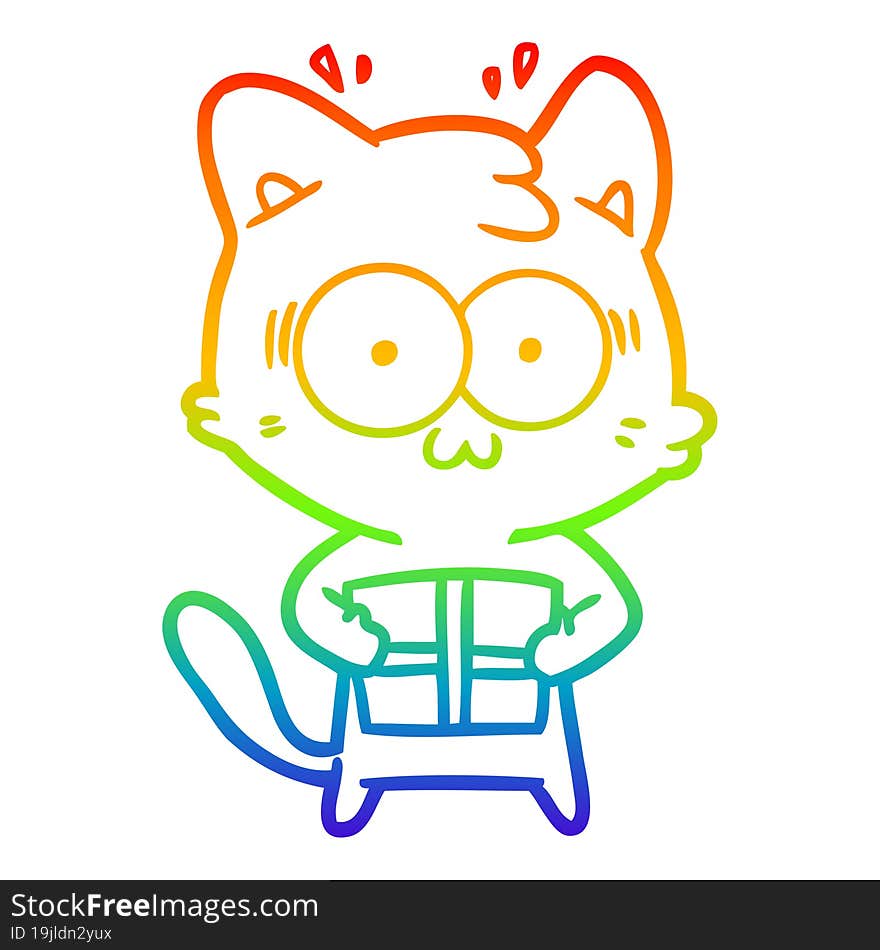 rainbow gradient line drawing cartoon surprised cat with christmas present