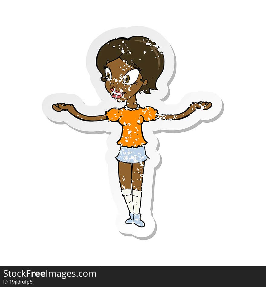 retro distressed sticker of a cartoon woman with arms spread wide