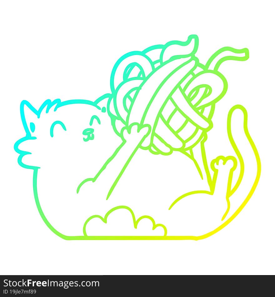 Cold Gradient Line Drawing Cartoon Cat Playing With Ball Of String