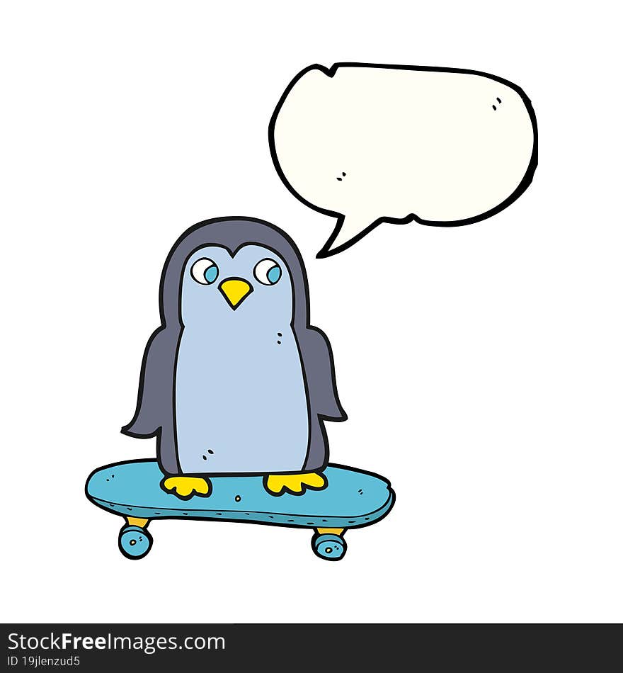 speech bubble cartoon penguin riding skateboard