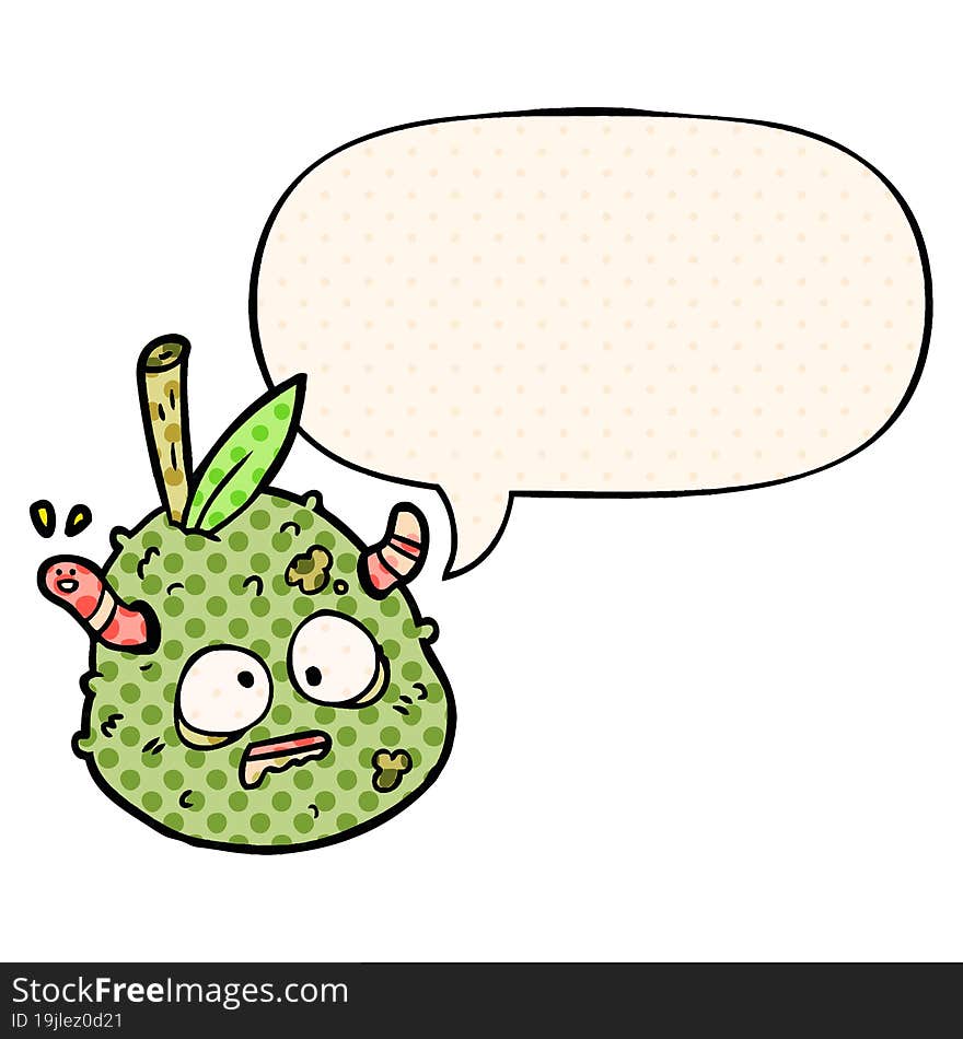 cartoon rotting old pear and worm and speech bubble in comic book style