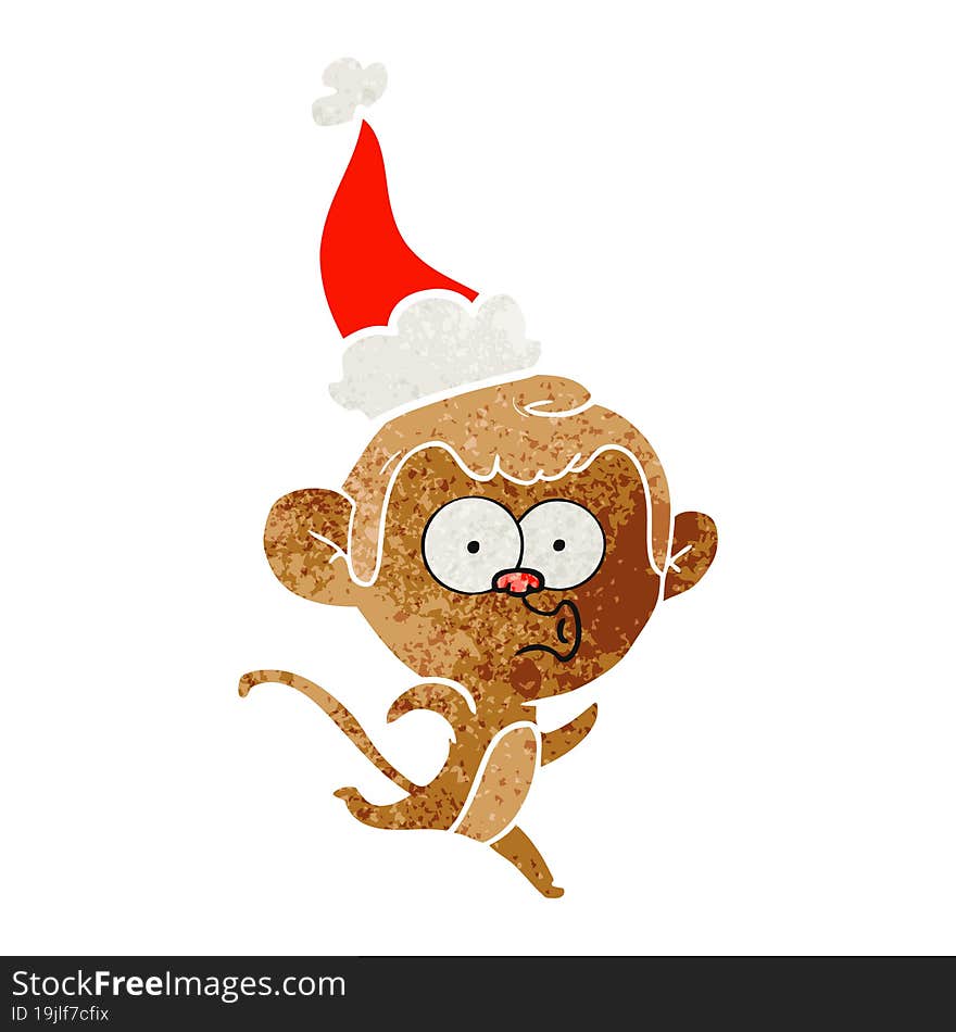 retro cartoon of a surprised monkey wearing santa hat