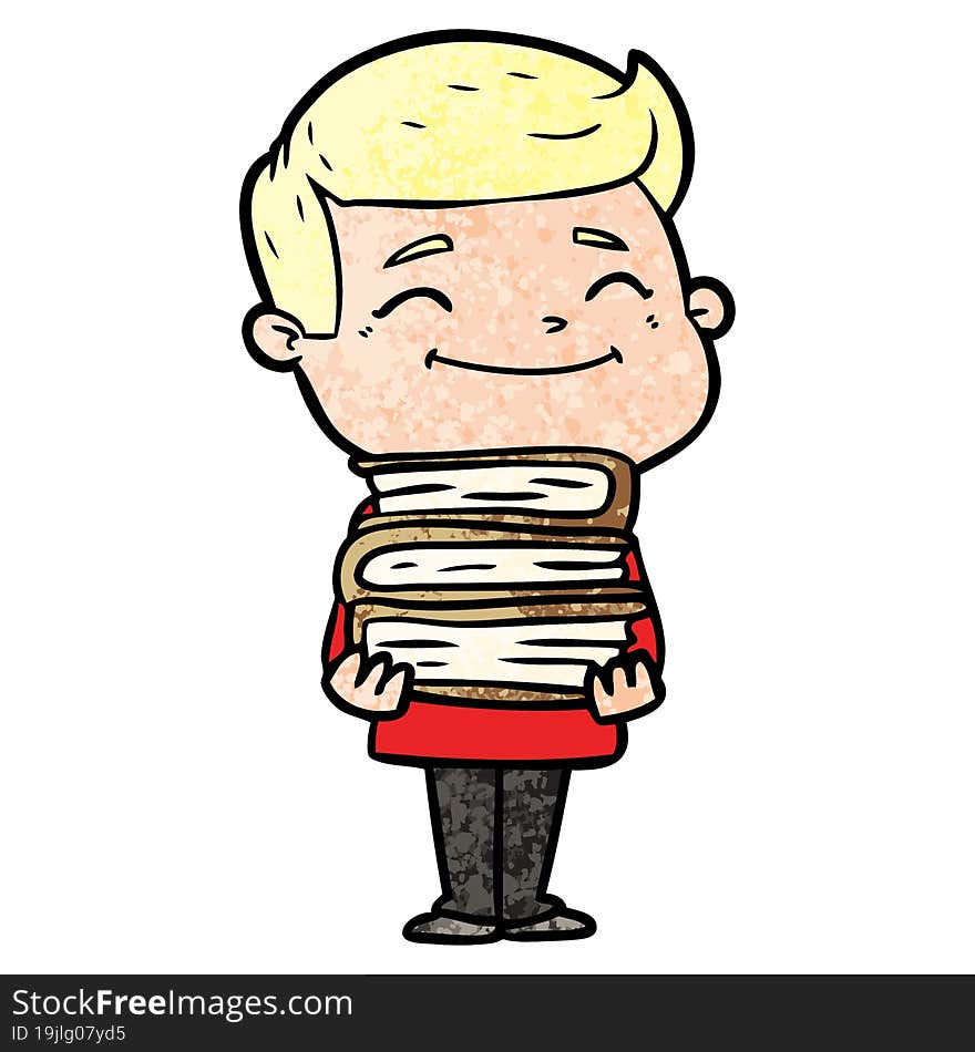 happy cartoon man with stack of books. happy cartoon man with stack of books