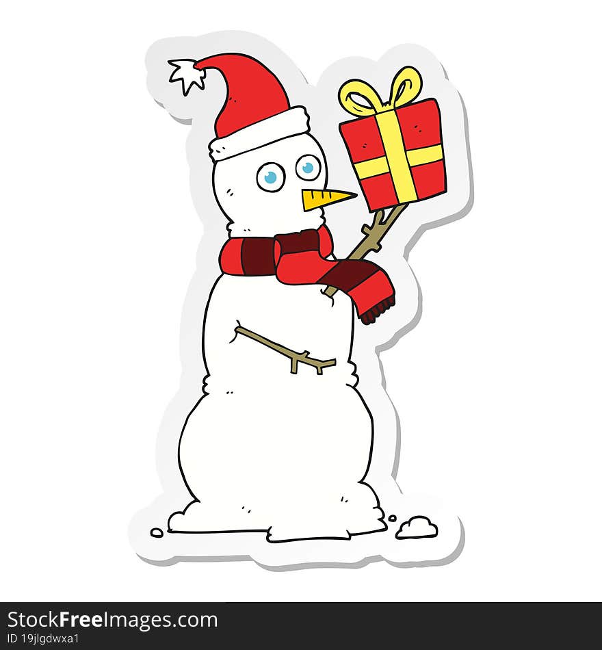 sticker of a cartoon snowman holding present