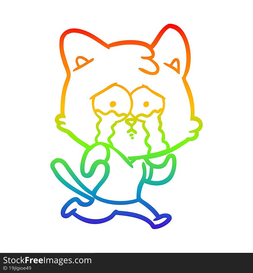 Rainbow Gradient Line Drawing Crying Cartoon Cat