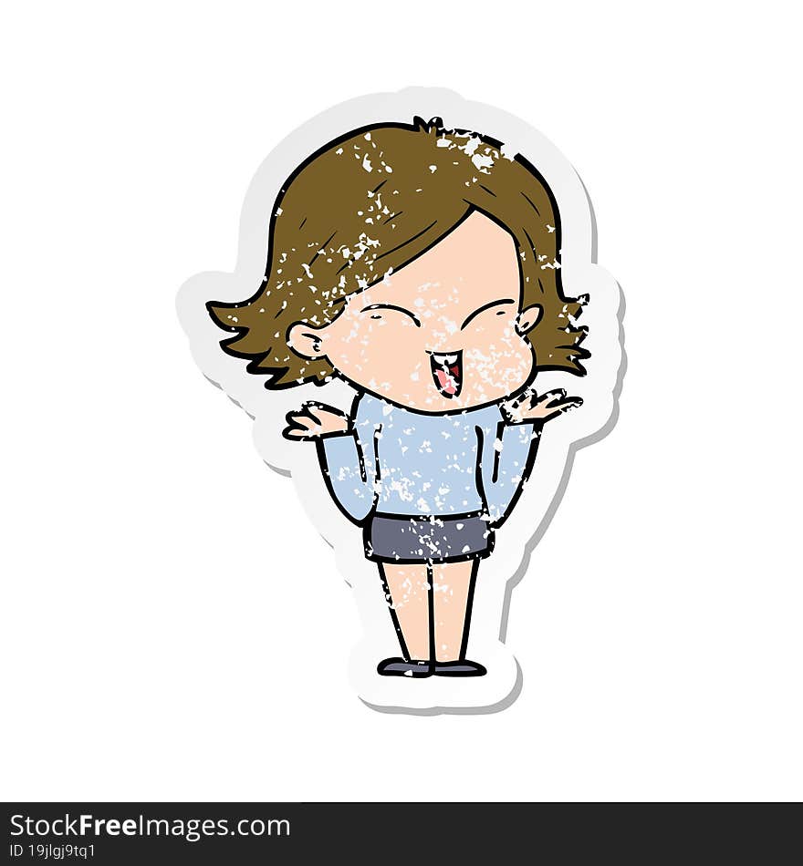 distressed sticker of a happy cartoon girl