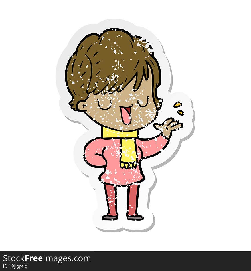 distressed sticker of a cartoon woman talking