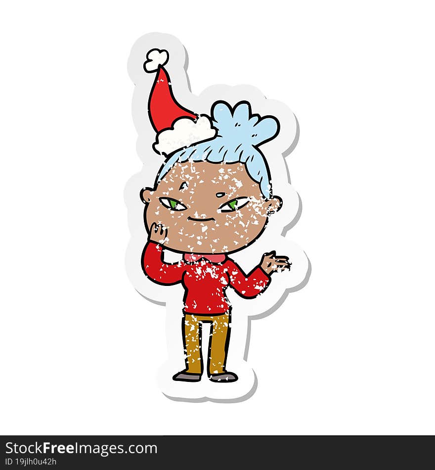 hand drawn distressed sticker cartoon of a woman wearing santa hat