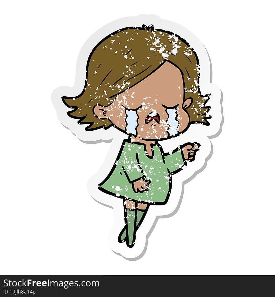 distressed sticker of a cartoon girl crying