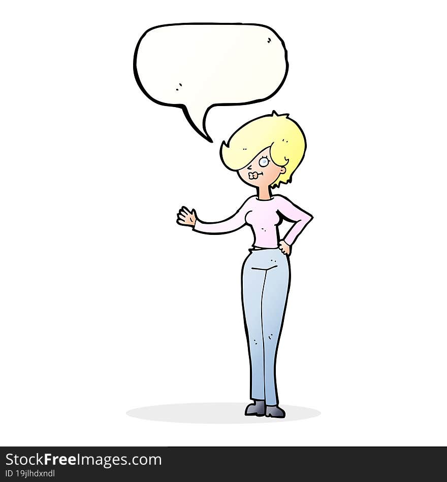 Cartoon Woman Waving With Speech Bubble