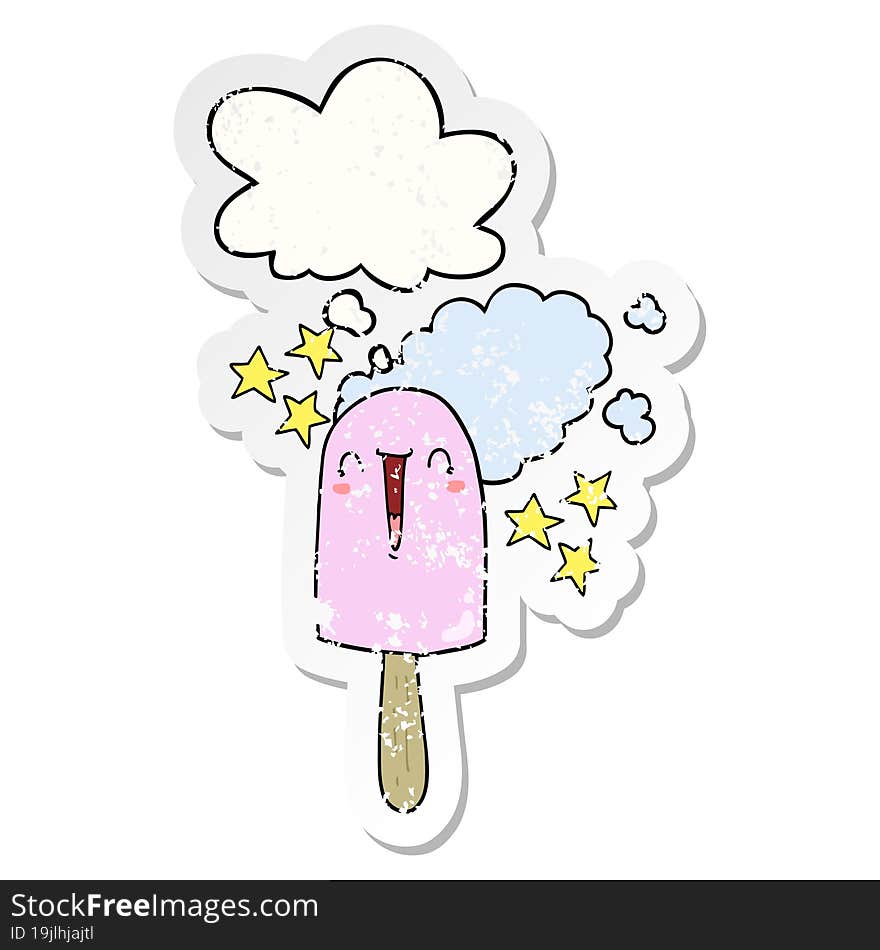 cute cartoon ice lolly and thought bubble as a distressed worn sticker