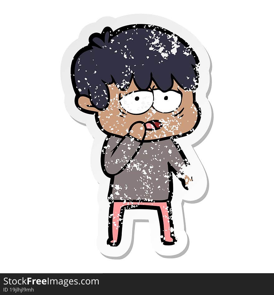 Distressed Sticker Of A Cartoon Exhausted Boy