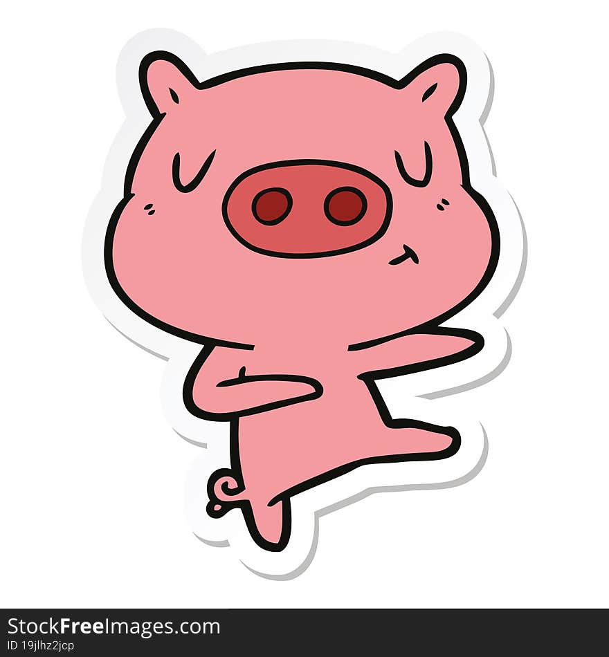 sticker of a cartoon content pig dancing