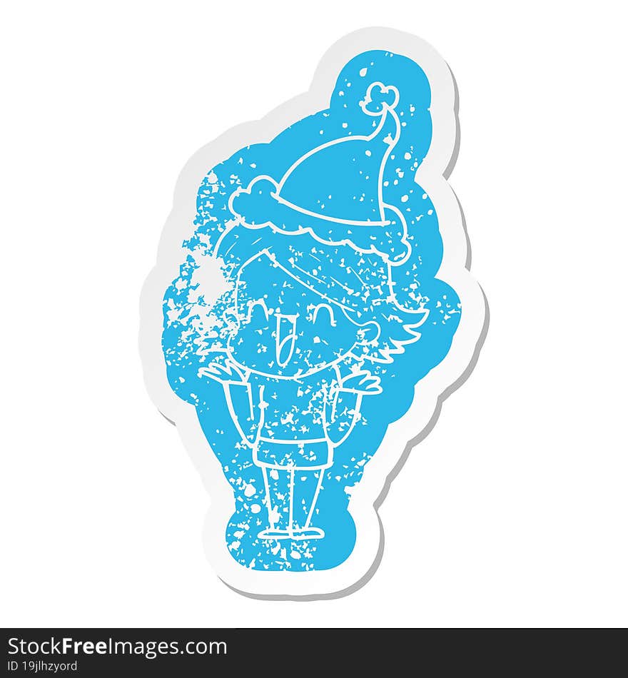 Cartoon Distressed Sticker Of A Happy Woman Wearing Santa Hat