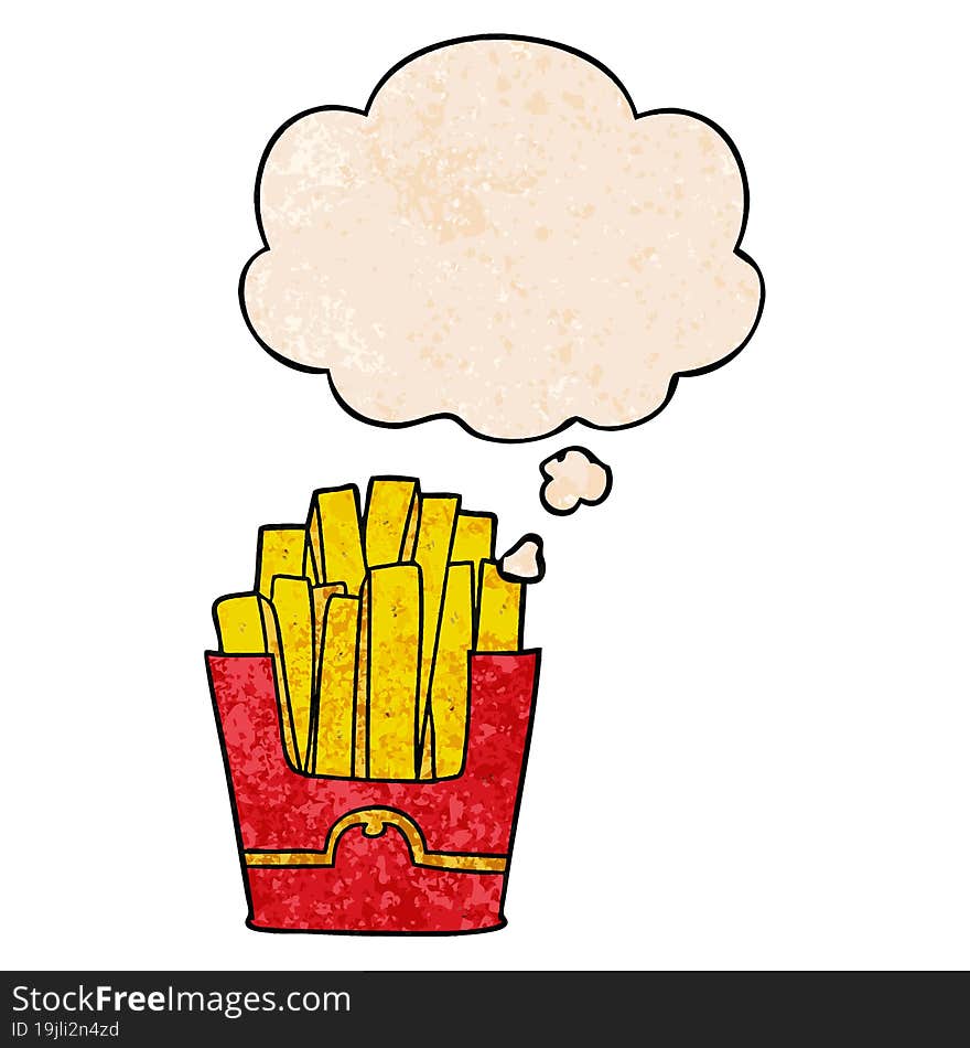 Cartoon Fries And Thought Bubble In Grunge Texture Pattern Style