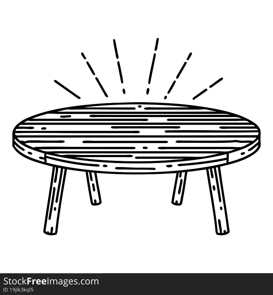 illustration of a traditional black line work tattoo style wood table