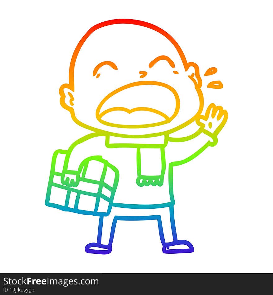 rainbow gradient line drawing of a cartoon shouting bald man with present