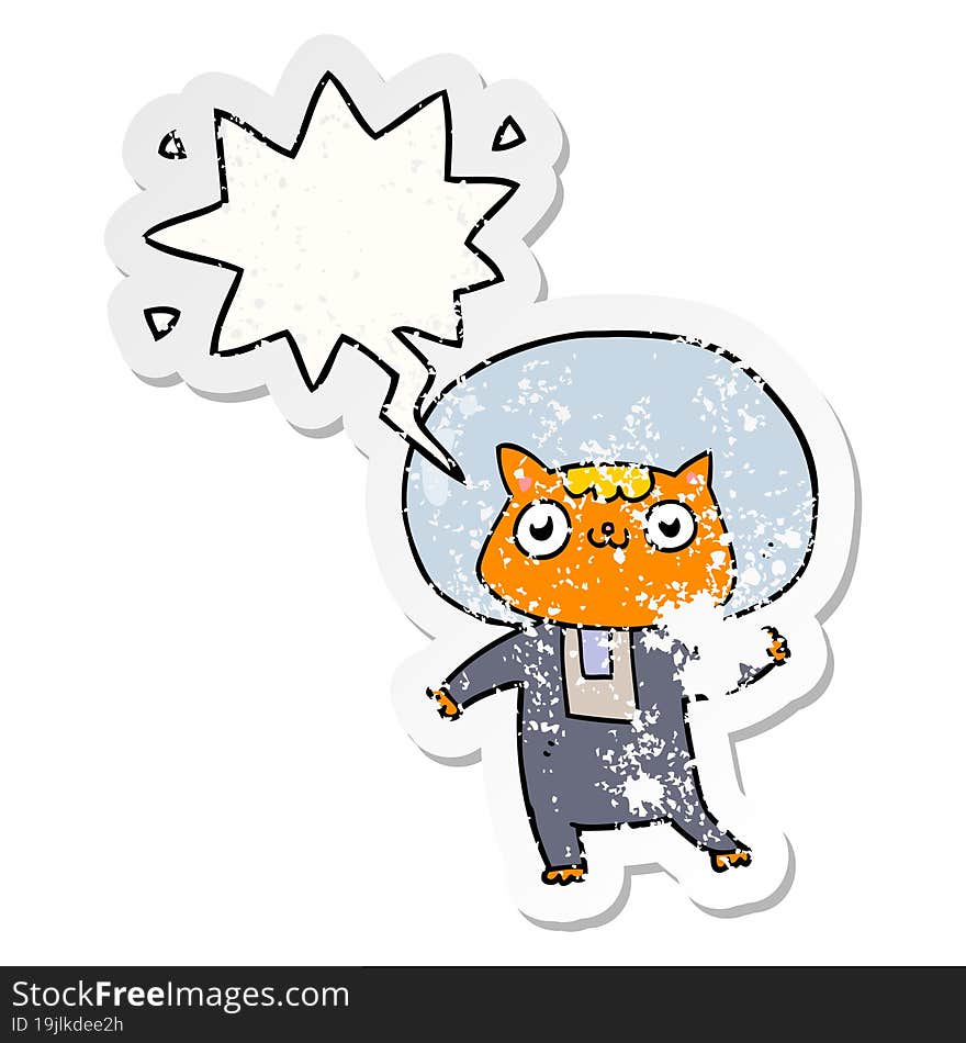 cartoon space cat and speech bubble distressed sticker