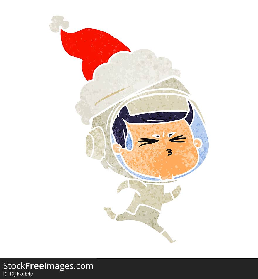 retro cartoon of a stressed astronaut wearing santa hat