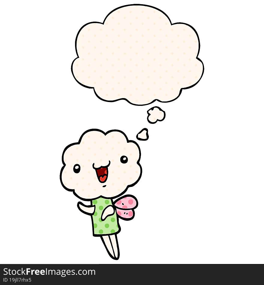 cute cartoon cloud head creature with thought bubble in comic book style