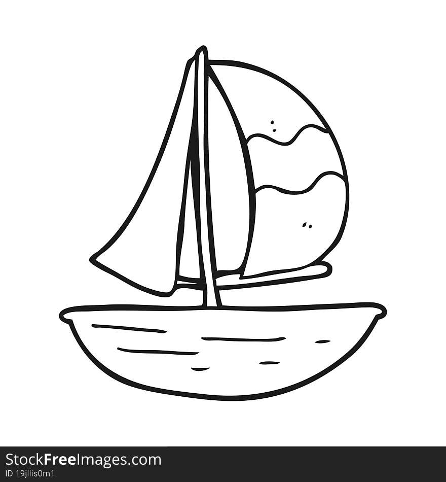 freehand drawn black and white cartoon sail ship