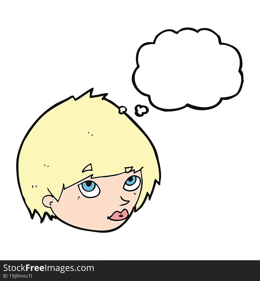 cartoon female face looking up with thought bubble