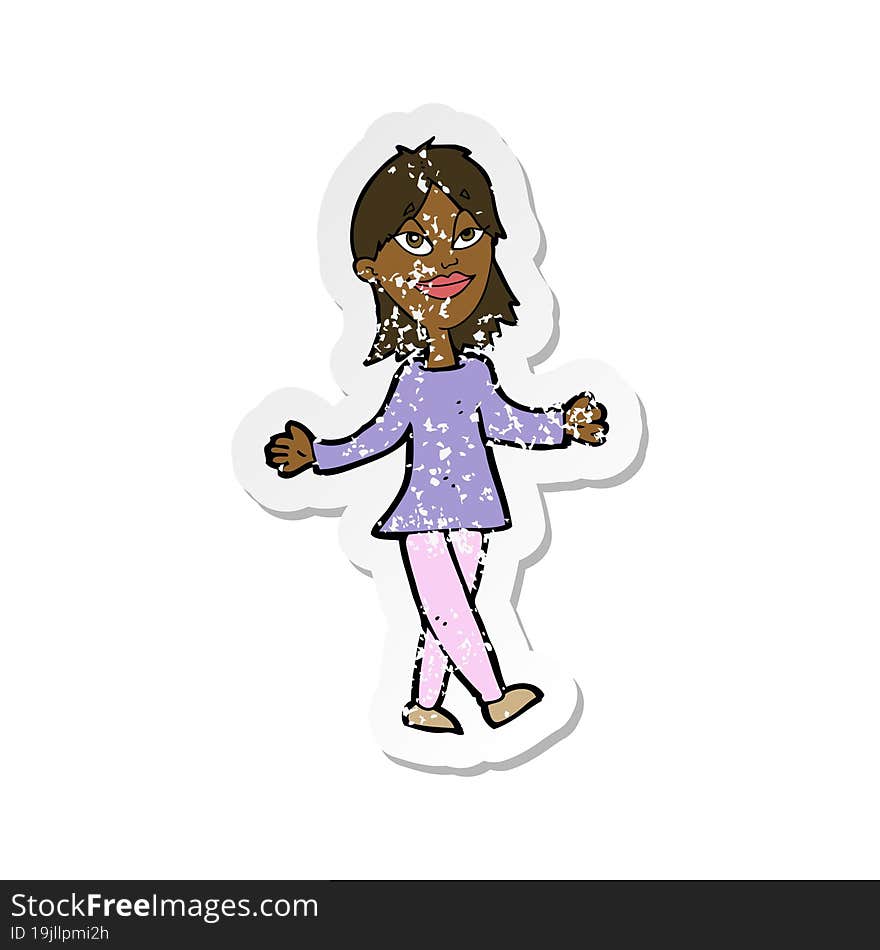 retro distressed sticker of a cartoon woman with no worries