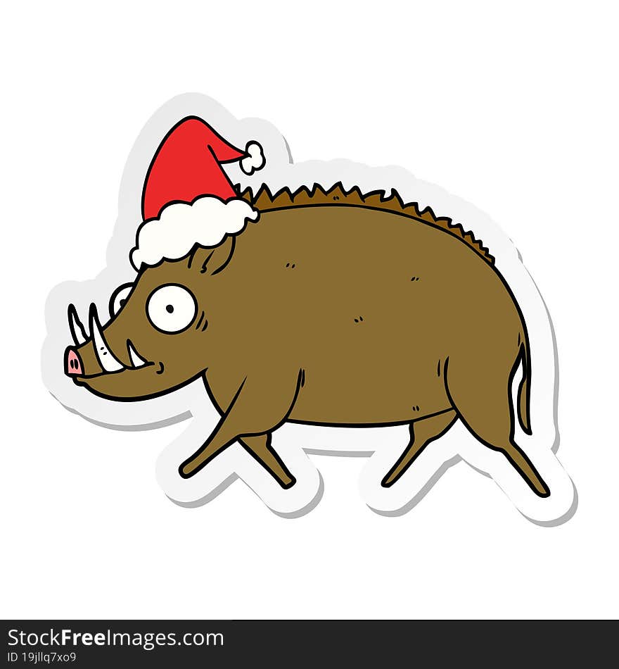 Sticker Cartoon Of A Wild Boar Wearing Santa Hat