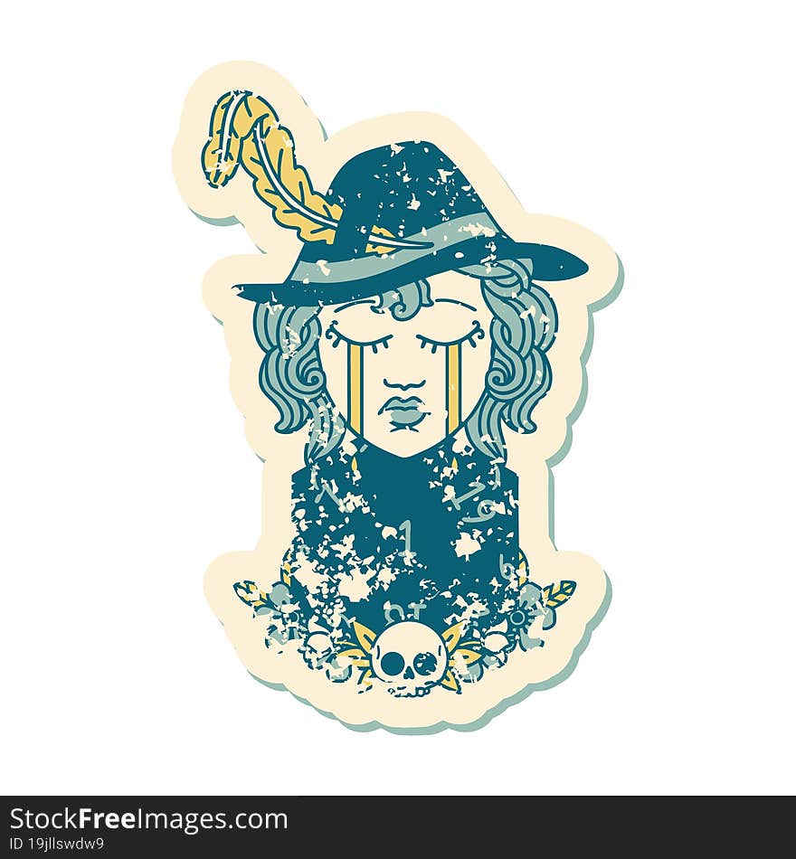 grunge sticker of a crying human bard with natural one D20 dice roll. grunge sticker of a crying human bard with natural one D20 dice roll