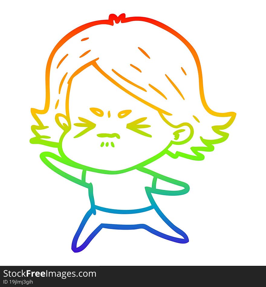 rainbow gradient line drawing of a cartoon angry girl