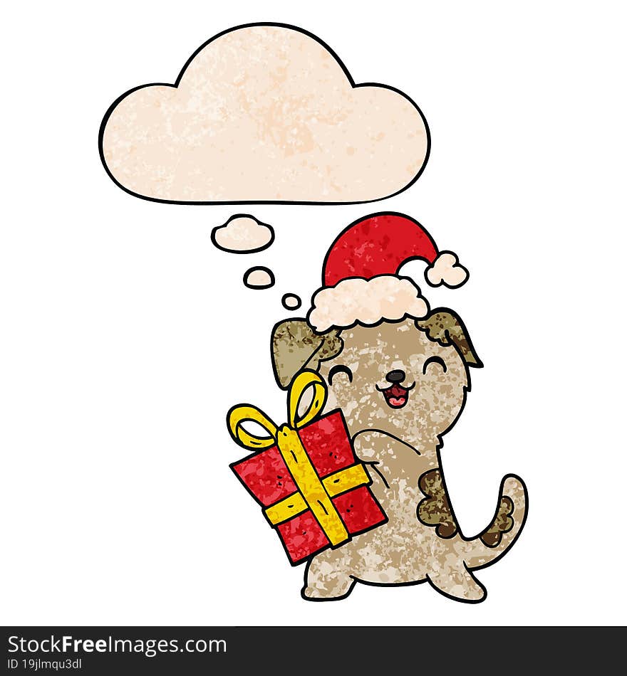 Cute Cartoon Puppy With Christmas Present And Hat And Thought Bubble In Grunge Texture Pattern Style