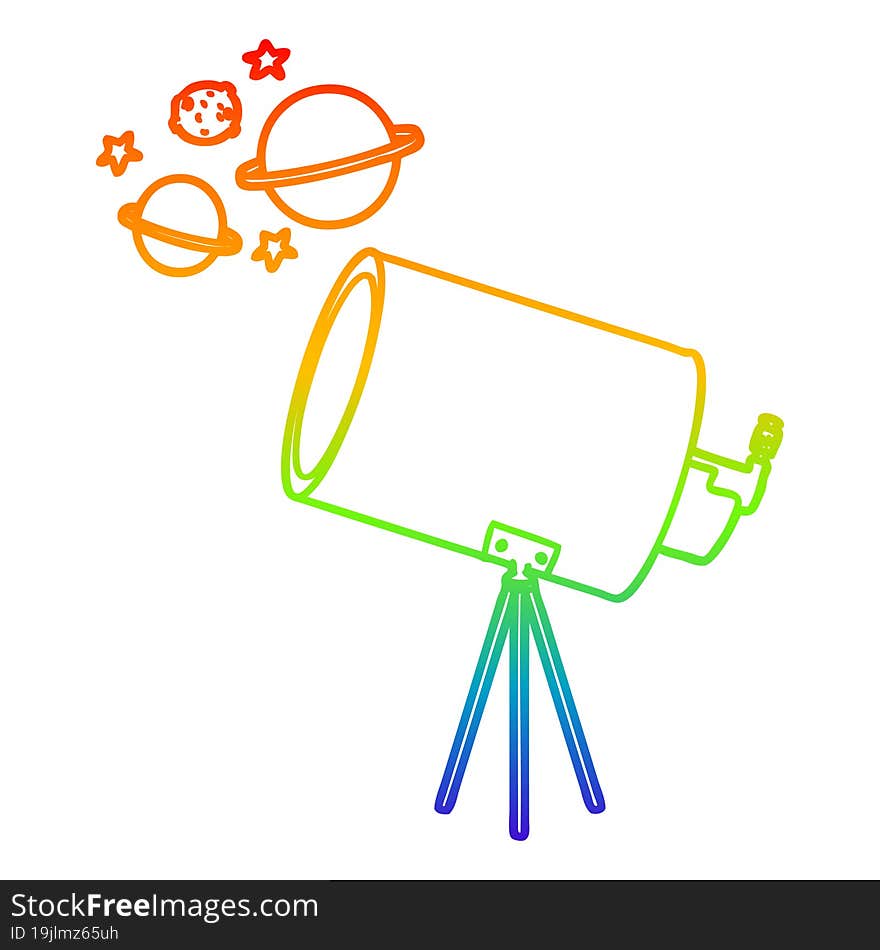 Rainbow Gradient Line Drawing Cartoon Telescope Looking At Planets