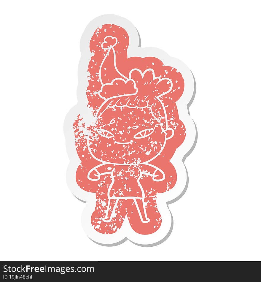 cartoon distressed sticker of a woman wearing santa hat