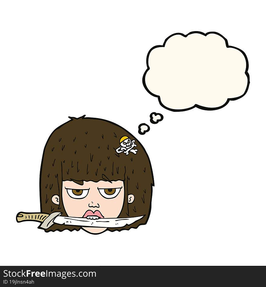 cartoon woman holding knife between teeth with thought bubble